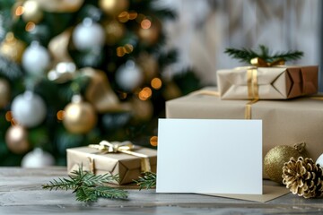 Blank Card on Table with Christmas Gifts and Decorated Tree Background
