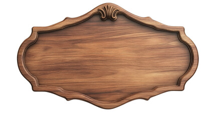 A detailed image of an ornate, blank wooden sign with a  brown finish and elegant, curved frame.