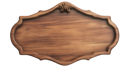 A detailed image of an ornate, blank wooden sign with a  brown finish and elegant, curved frame.