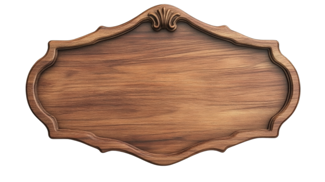A detailed image of an ornate, blank wooden sign with a  brown finish and elegant, curved frame.
