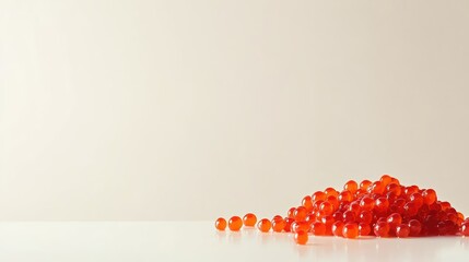 A minimalistic and clean image of glistening red caviar on a white surface, positioned perfectly with space for text, evoking luxury and exclusivity