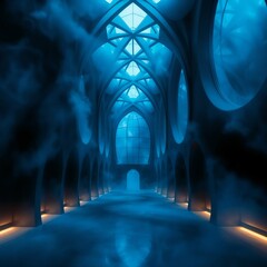 Mysterious blue-themed hall with arches and mist creating an atmospheric perspective
