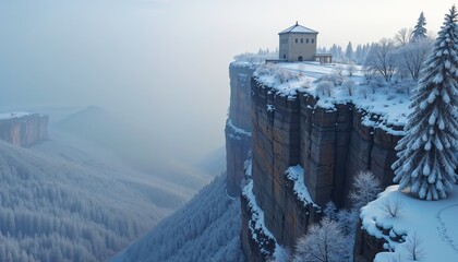 isolate snowy cliffside building with stunning views in a misty winter landscape