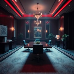 Luxurious executive office interior with elegant furniture and dramatic lighting