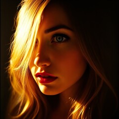 Close-up portrait of a beautiful woman with flowing hair illuminated by warm light
