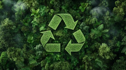 Green recycling symbol made of grass over dense forest background promoting sustainability and environmental conservation