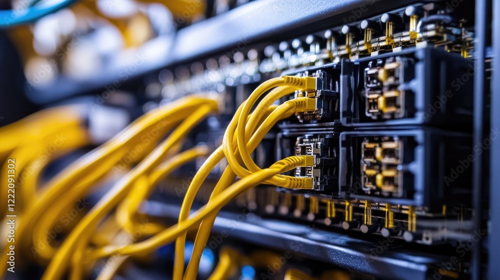 Poster a network of fiber optic cables transmitting fast data, illustrating the backbone of broadband inter