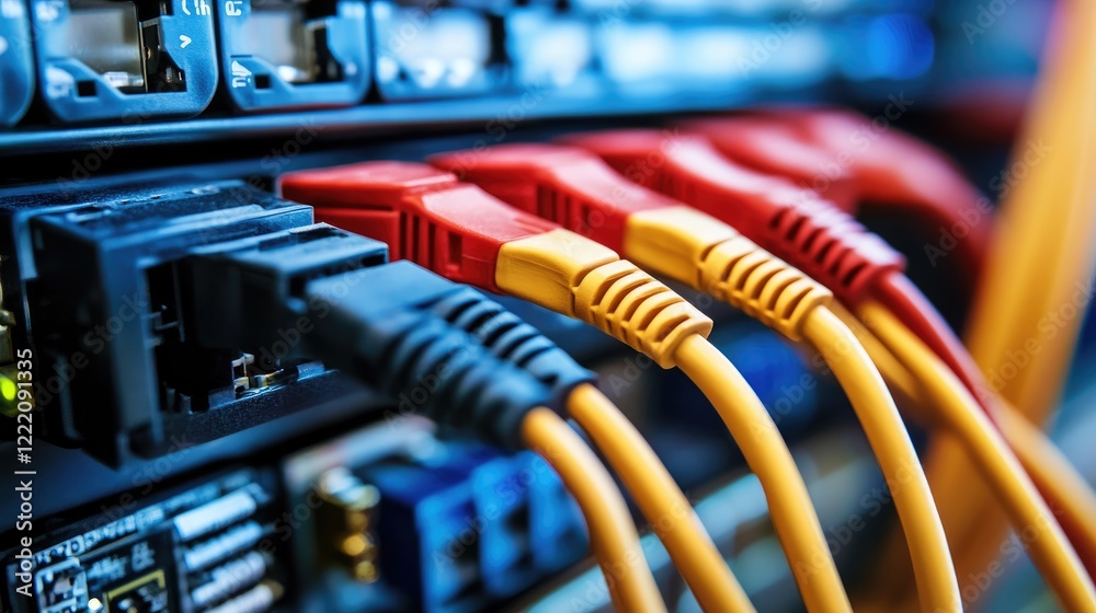Poster a network of fiber optic cables transmitting fast data, illustrating the backbone of broadband inter