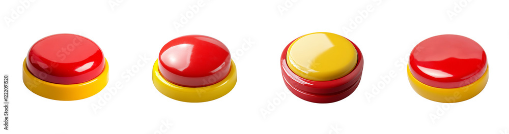 Poster Four large red and yellow push buttons are displayed against a black background.  The buttons are stacked and arranged in a sequence.