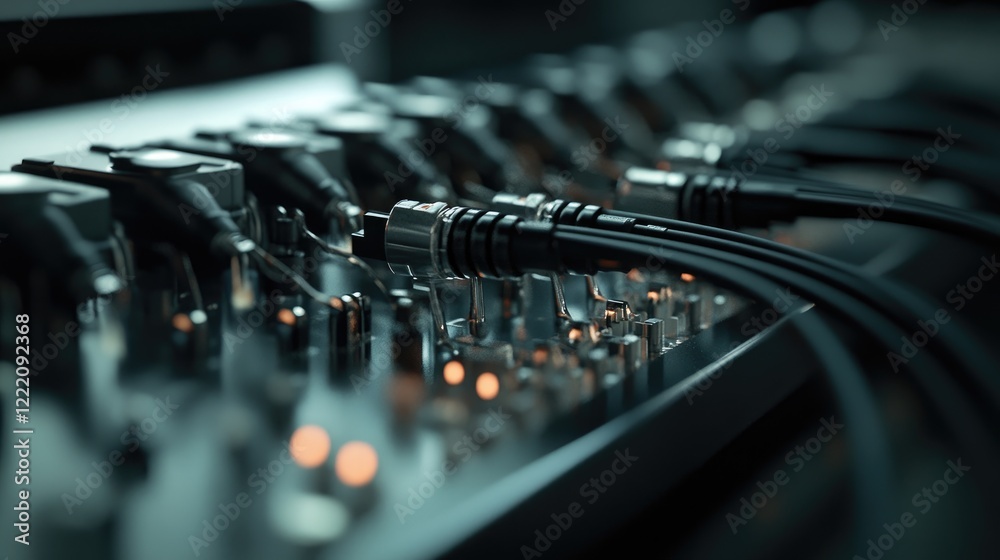 Poster A precise arrangement of fiber optic connectors linked to a control box in a clean, professional setting, symbolizing advanced communication and electronics systems