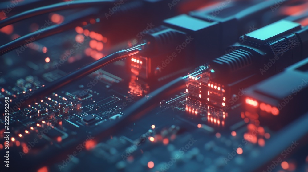 Poster A precise arrangement of fiber optic connectors linked to a control box in a clean, professional setting, symbolizing advanced communication and electronics systems