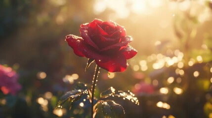 Obraz premium Beautiful Red Rose in Morning Light with Dew Drops on Petals