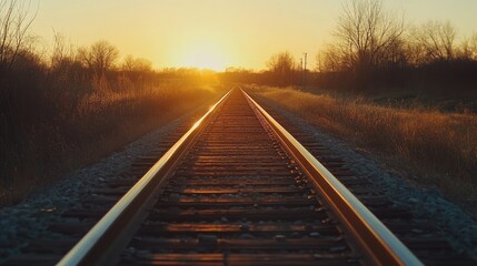 Fototapeta premium A railway track stretching into the horizon under the golden glow of a sunset, evoking feelings of calm, travel, and the end of the day