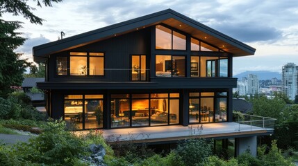 Fototapeta premium Modern Black House with Large Windows and Scenic Urban View