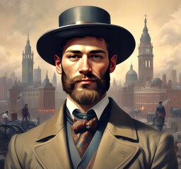 Illustration of Victorian style man with hat.