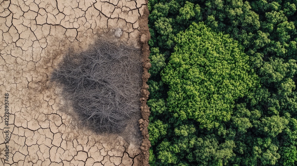 Aufkleber a side-by-side image of drought and lush growth, symbolizing the transformation from environmental d