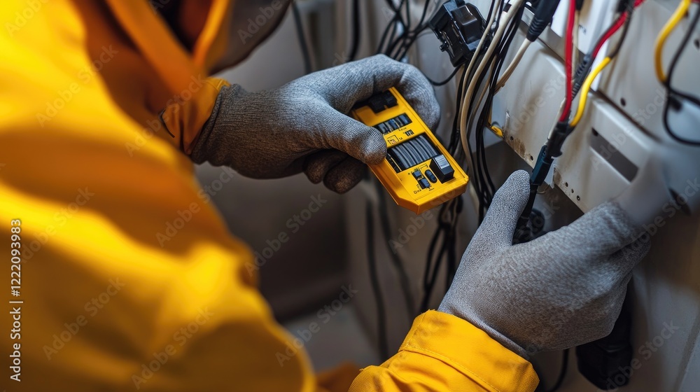 Poster a skilled technician diagnosing telecommunication network issues with sophisticated tools, focusing 