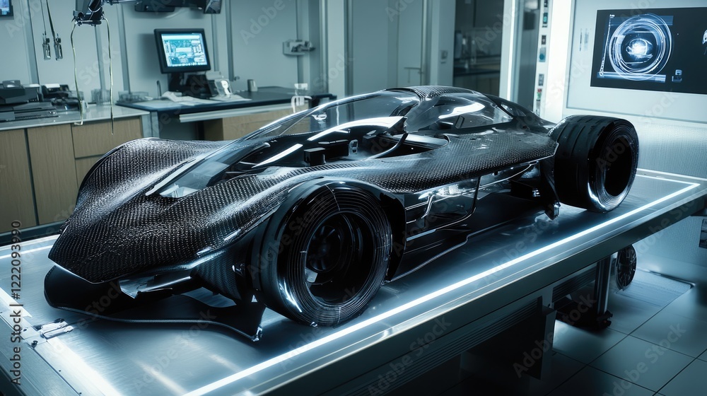 Poster a sleek carbon fiber electric vehicle chassis displayed in a high-tech lab with holographic elements