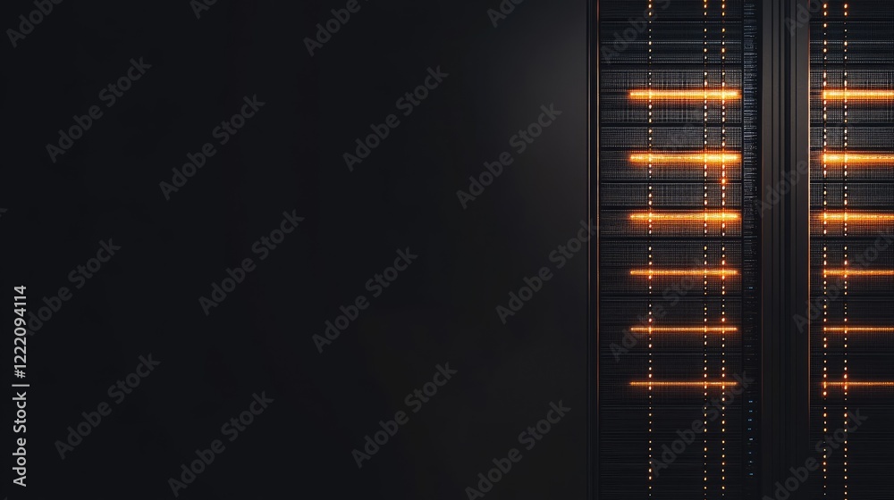 Poster A sleek data center with illuminated server racks, symbolizing cybersecurity activity. The clean right side offers a space for text or branding elements
