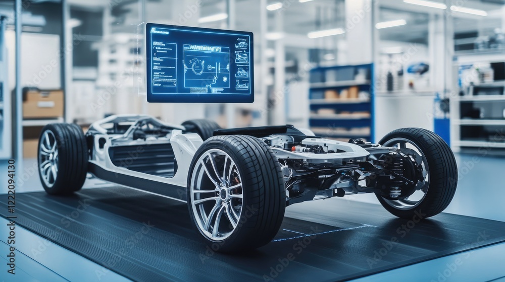 Poster A sleek, lightweight electric vehicle chassis showcased with a dynamic digital holographic interface displaying real-time performance data and stress analysis