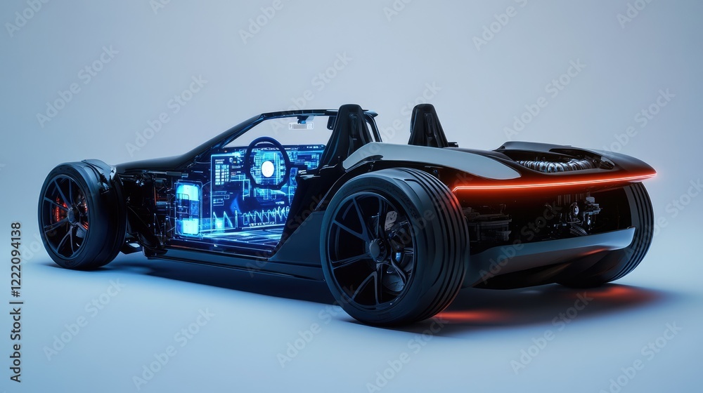Aufkleber a sleek, lightweight electric vehicle chassis showcased with a dynamic digital holographic interface