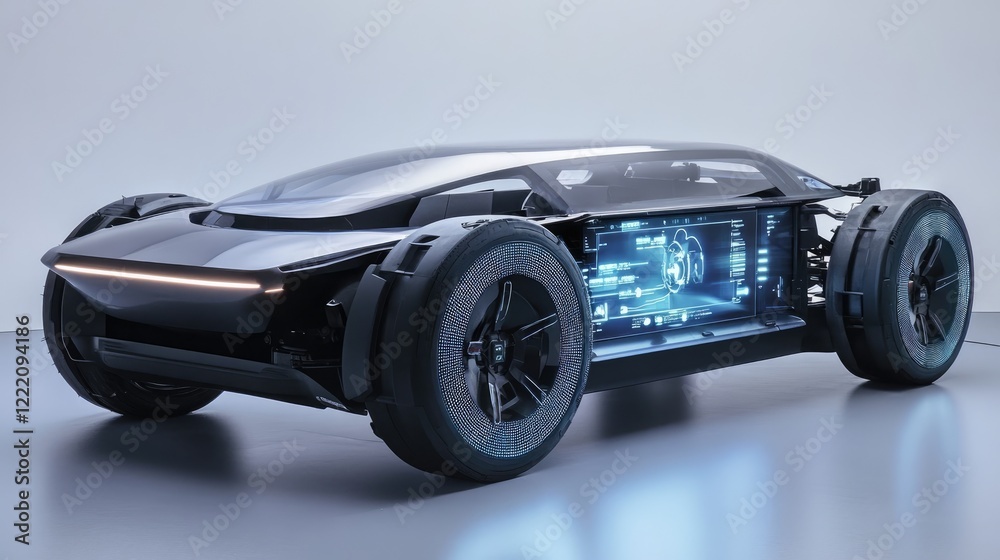 Poster A sleek, lightweight electric vehicle chassis showcased with a dynamic digital holographic interface displaying real-time performance data and stress analysis