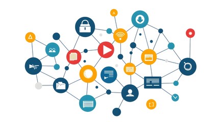A vibrant and colorful abstract network design depicting the interconnected ideas and elements of a comprehensive business strategy and planning process