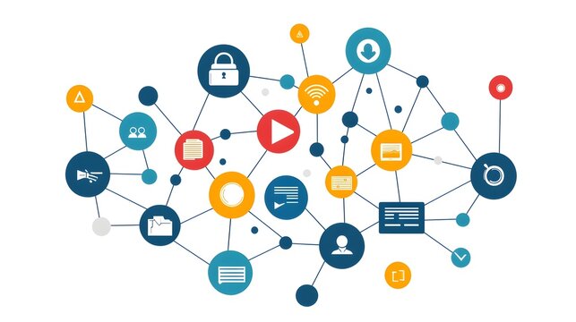 A vibrant and colorful abstract network design depicting the interconnected ideas and elements of a comprehensive business strategy and planning process