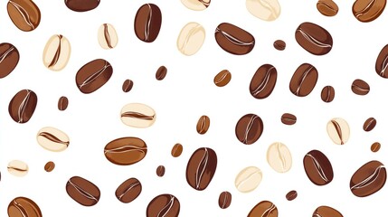 Scattered coffee beans pattern, white background, for food blogs, menus, packaging design