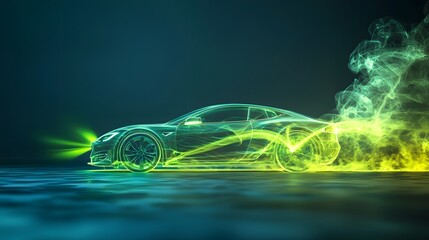 Abstract concept showcasing the contrast between an electric vehicle emitting clean green energy waves and a traditional combustion engine car emitting smoke set against a soft