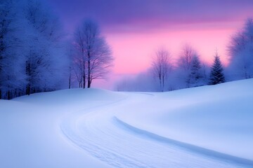 Snowy road through lush snow-covered forest landscape during winter season in tranquil nature setting