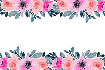 Watercolor flowers background for design. Floral border frame card template.