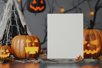 Blank Canvas Surrounded by Halloween Decorations and Pumpkins