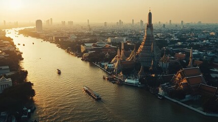 Obraz premium A stunning aerial view of the Chao Phraya River in Bangkok, with the Grand Palace, Wat Arun Temple, and the city's bustling skyline, reflecting the cultural and business hub of Thailand