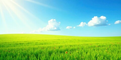 Fototapeta premium Serene Meadow Landscape Sunbeams Illuminate Vibrant Green Grass Under a Cloud-Dappled Sky