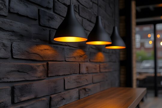 Brick wall with two wall lights illuminating the surface in a dark room creating a cozy atmosphere and ambiance