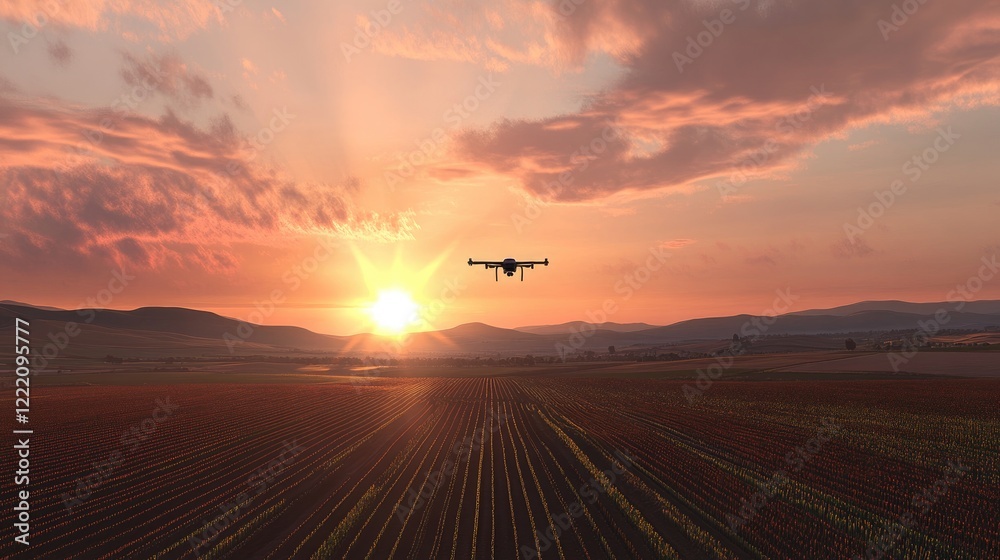 Poster a sunset view of a drone flying over a large field, using sensors to track crop health, representing