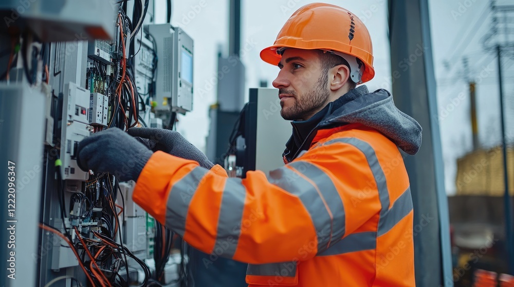 Poster A technician diagnosing issues in a telecommunications network using advanced equipment, focusing on troubleshooting signal loss and restoring connectivity