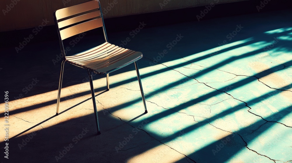 Poster a textured shot of sunlight shadows forming geometric lines from a metallic chair on a cracked surfa