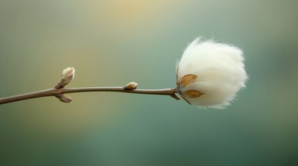 Single fluffy seed pod on a branch with golden light background