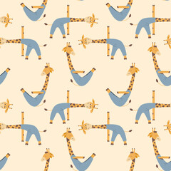 Seamless pattern with cute cartoon giraffes in yoga poses. Vector repeat texture for kids textile. Funny animals wallpaper.