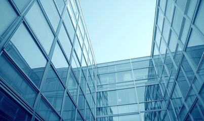 Obraz premium Modern glass office building exterior, low angle view with blue sky