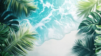 Tropical Leaves Frame Ocean Wave Sand Beach