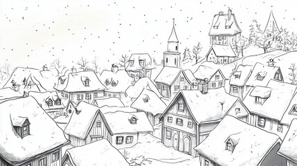 Winter Village Scene with Snow-Covered Rooftops and Trees