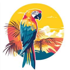 Obraz premium Vibrant Tropical Parrot Against Sunset with Palm Trees Background