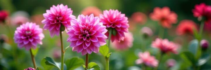 Obraz premium Pink and purple dahlia flowers in a garden bed with greenery, bed, flowers, plants