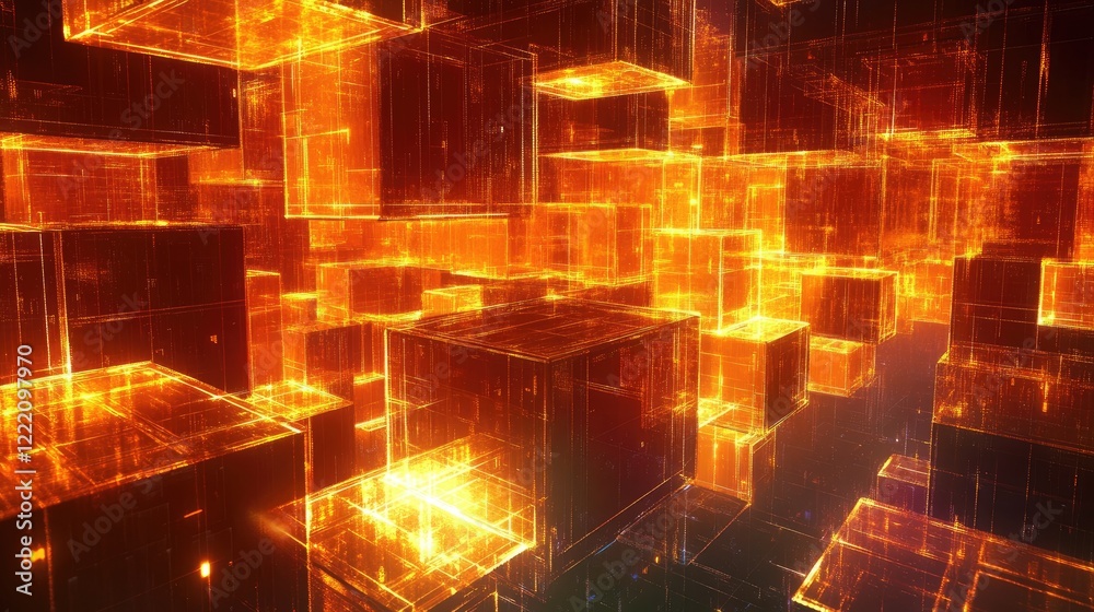 Poster Abstract data cubes interlinked by glowing beams of light, symbolizing the power of data flow and connectivity in the digital world