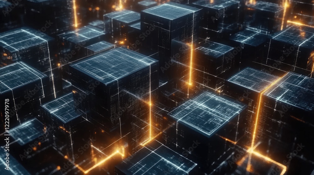 Aufkleber Abstract data cubes interlinked by glowing beams of light, symbolizing the power of data flow and connectivity in the digital world
