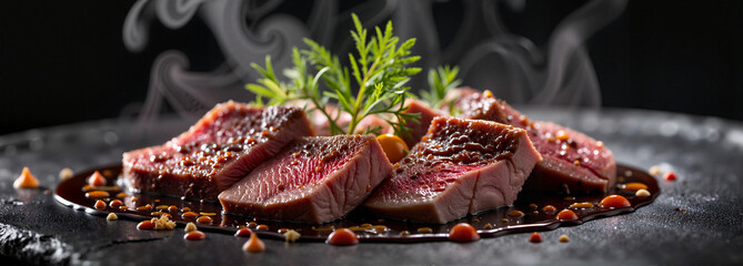 Artistic reindeer meat presentation with reduction glaze, culinary elegance