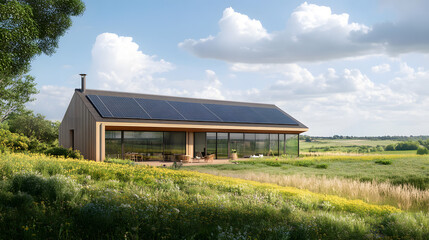 Obraz premium An environmentally-conscious farmhouse with solar panels on its roof, set amidst green fields, embracing sustainable living practices in the countryside.